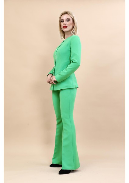 Sıfır Yaka Boydan Düğmeli Ceket & İspanyol Paça Pantolon-Yeşil indirimleri