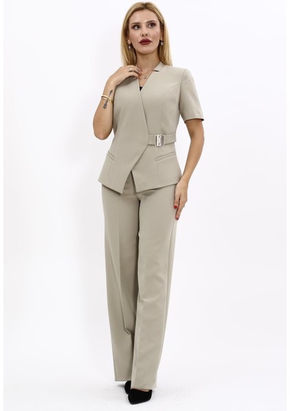 Hakim Yaka Yandan Tokalı Çapraz Ceket & Bol Paça Pantolon-Bambu