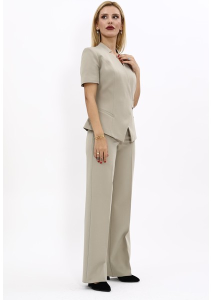 Hakim Yaka Yandan Tokalı Çapraz Ceket & Bol Paça Pantolon-Bambu modelleri