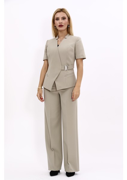 Hakim Yaka Yandan Tokalı Çapraz Ceket & Bol Paça Pantolon-Bambu indirimleri