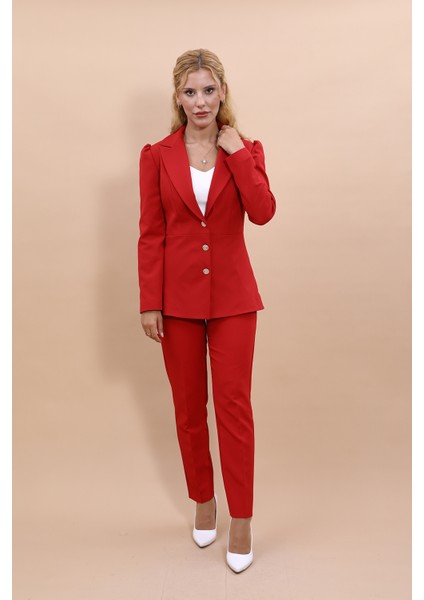 Erkek Yaka Kolu Büzgülü Ceket & Dar Paça Pantolon-Kırmızı indirimleri