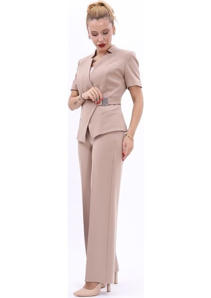 Hakim Yaka Yandan Tokalı Çapraz Ceket & Bol Paça Pantolon-Taş