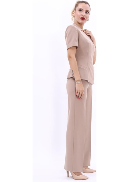 Hakim Yaka Yandan Tokalı Çapraz Ceket & Bol Paça Pantolon-Taş fiyatları