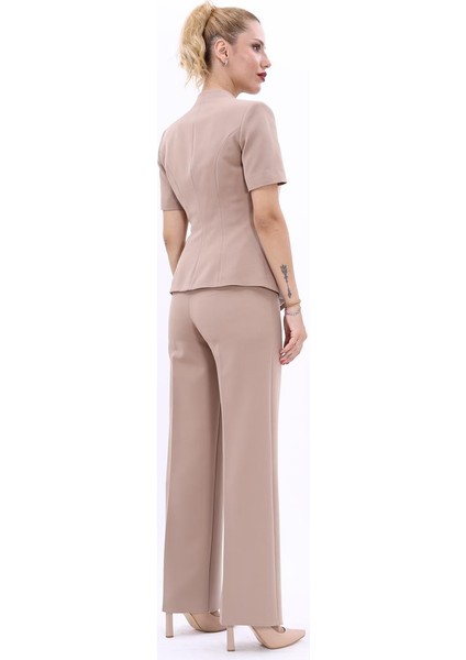 Hakim Yaka Yandan Tokalı Çapraz Ceket & Bol Paça Pantolon-Taş modelleri