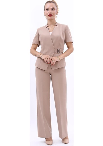 Hakim Yaka Yandan Tokalı Çapraz Ceket & Bol Paça Pantolon-Taş fırsatları