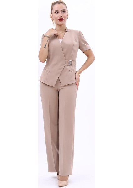 Hakim Yaka Yandan Tokalı Çapraz Ceket & Bol Paça Pantolon-Taş indirimleri