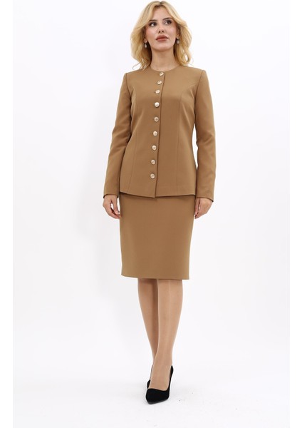 Sıfır Yaka Boydan Düğmeli Ceket & Düz Dar Etek-Camel
