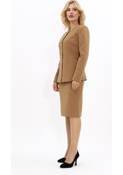 Sıfır Yaka Boydan Düğmeli Ceket & Düz Dar Etek-Camel fiyatları