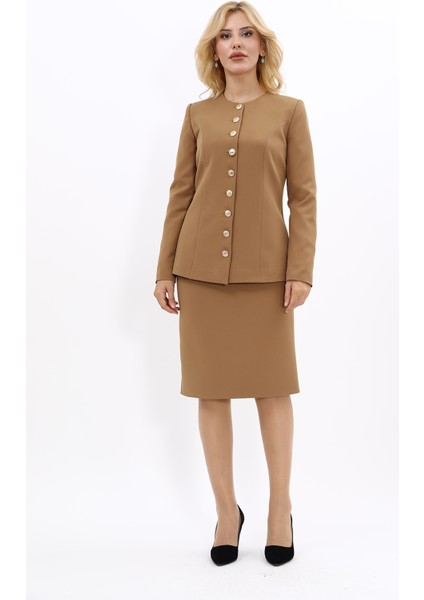 Sıfır Yaka Boydan Düğmeli Ceket & Düz Dar Etek-Camel indirimleri