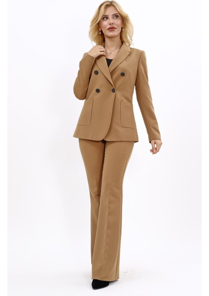 Erkek Yaka Torba Cepli Klasik Ceket & İspanyol Paça Pantolon-Camel