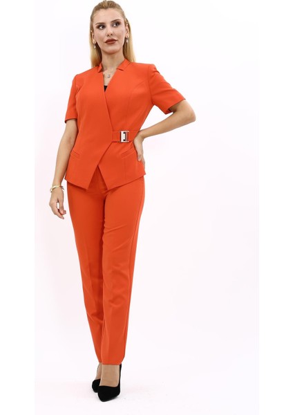 Hakim Yaka Yandan Tokalı Çapraz Ceket & Dar Paça Pantolon-Turuncu
