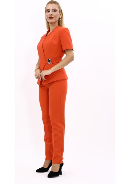 Hakim Yaka Yandan Tokalı Çapraz Ceket & Dar Paça Pantolon-Turuncu fiyatları