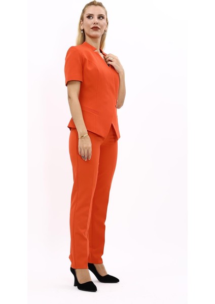 Hakim Yaka Yandan Tokalı Çapraz Ceket & Dar Paça Pantolon-Turuncu modelleri