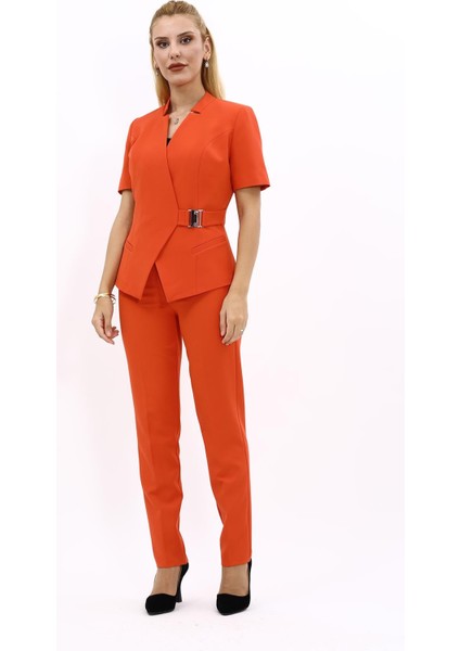 Hakim Yaka Yandan Tokalı Çapraz Ceket & Dar Paça Pantolon-Turuncu indirimleri