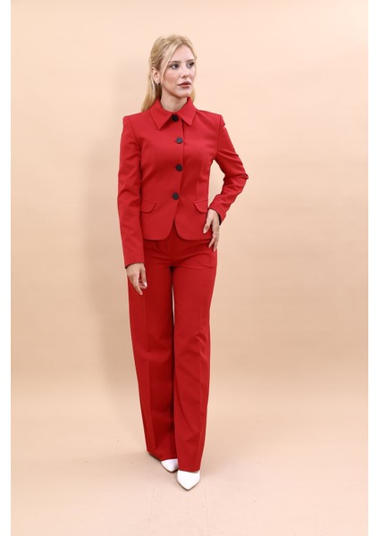 Gömlek Yaka Klasik Ceket & Korsaj Kemer Palazzo Pantolon-Kırmızı