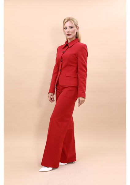 Gömlek Yaka Klasik Ceket & Korsaj Kemer Palazzo Pantolon-Kırmızı fiyatları