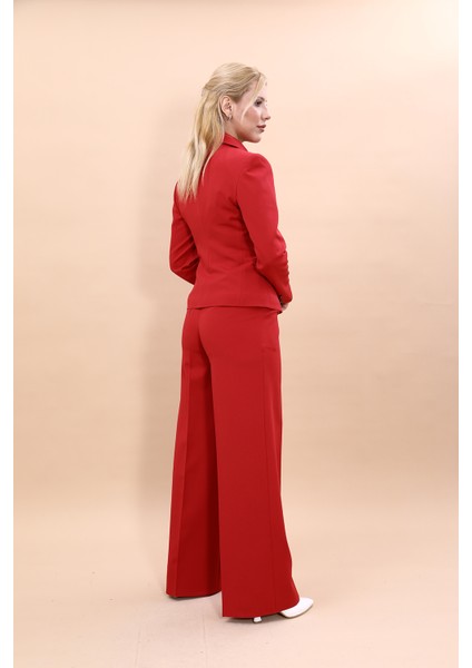 Gömlek Yaka Klasik Ceket & Korsaj Kemer Palazzo Pantolon-Kırmızı fırsatları
