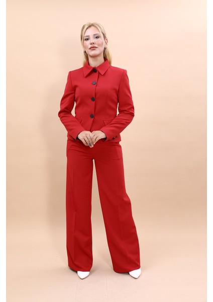 Gömlek Yaka Klasik Ceket & Korsaj Kemer Palazzo Pantolon-Kırmızı indirimleri