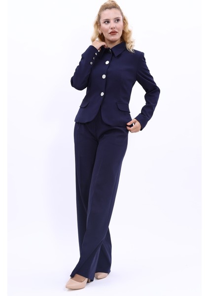 Gömlek Yaka Klasik Ceket & Korsaj Kemer Palazzo Pantolon-Lacivert