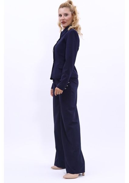 Gömlek Yaka Klasik Ceket & Korsaj Kemer Palazzo Pantolon-Lacivert fiyatları