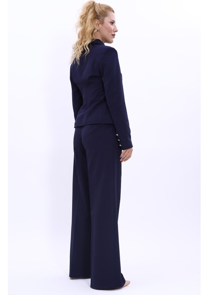 Gömlek Yaka Klasik Ceket & Korsaj Kemer Palazzo Pantolon-Lacivert fırsatları