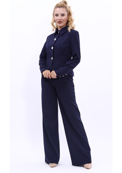 Gömlek Yaka Klasik Ceket & Korsaj Kemer Palazzo Pantolon-Lacivert indirimleri