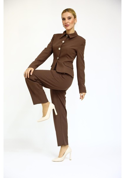 Gömlek Yaka Klasik Ceket & Paçası Pileli Pantolon-Kestane