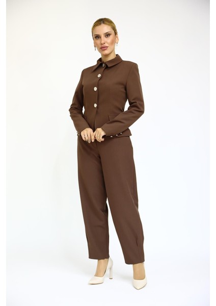 Gömlek Yaka Klasik Ceket & Paçası Pileli Pantolon-Kestane fırsatları