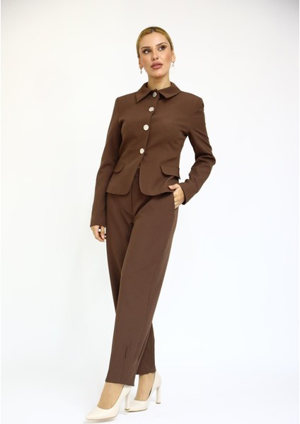 Gömlek Yaka Klasik Ceket & Paçası Pileli Pantolon-Kestane indirimleri