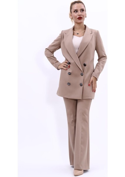 Erkek Yaka Kuruvaze Uzun Ceket & İspanyol Paça Pantolon-Taş