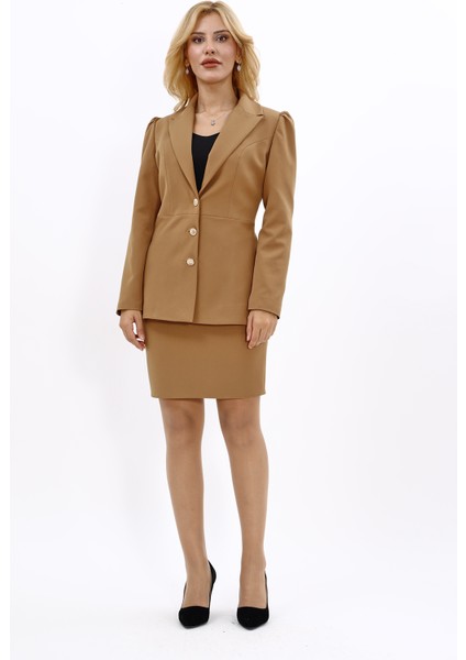 Erkek Yaka Kolu Büzgülü Ceket & Yırtmaçlı Düz Dar Etek-Camel indirimleri