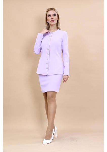 Sıfır Yaka Boydan Düğmeli Ceket & Yırtmaçlı Düz Dar Etek-Menekşe