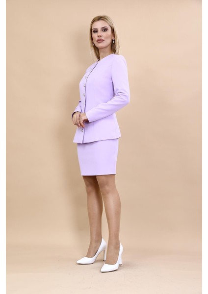 Sıfır Yaka Boydan Düğmeli Ceket & Yırtmaçlı Düz Dar Etek-Menekşe fiyatları