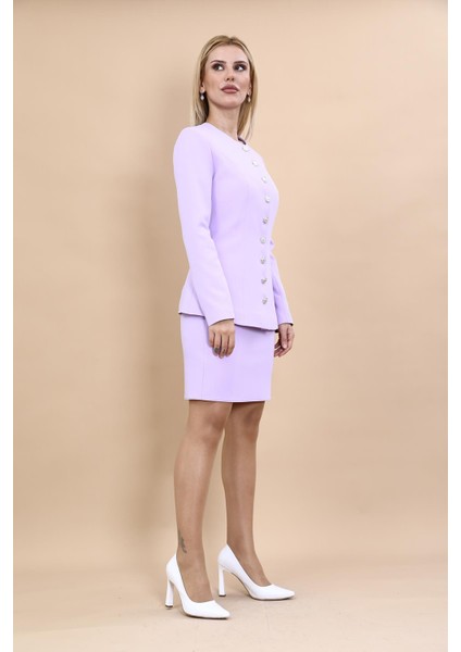 Sıfır Yaka Boydan Düğmeli Ceket & Yırtmaçlı Düz Dar Etek-Menekşe modelleri