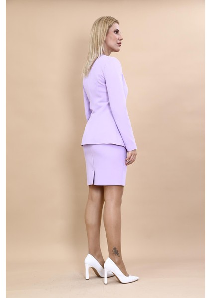 Sıfır Yaka Boydan Düğmeli Ceket & Yırtmaçlı Düz Dar Etek-Menekşe fırsatları