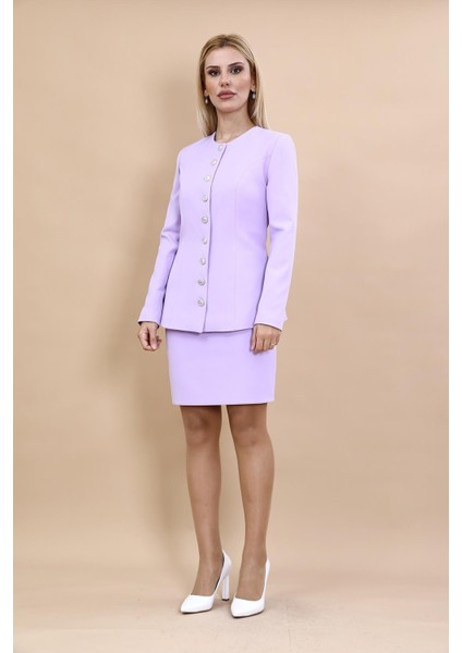 Sıfır Yaka Boydan Düğmeli Ceket & Yırtmaçlı Düz Dar Etek-Menekşe indirimleri