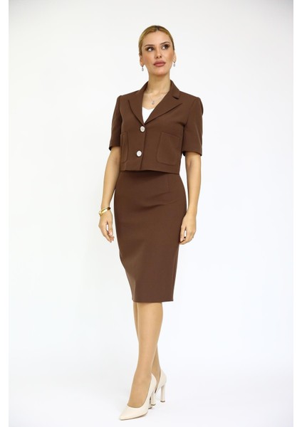 Kısa Kollu Yakasız Mini Ceket & Kalem Etek Takım-Kestane