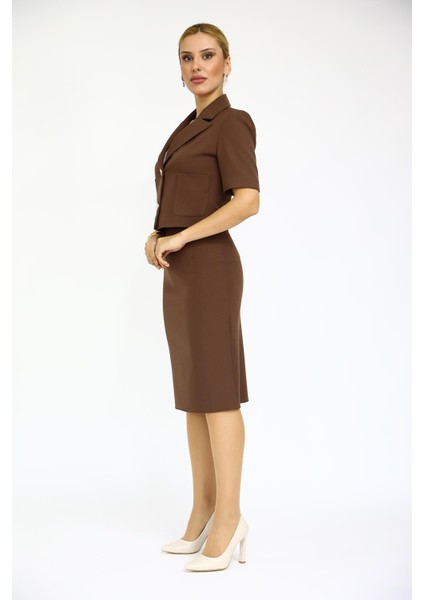 Kısa Kollu Yakasız Mini Ceket & Kalem Etek Takım-Kestane fiyatları