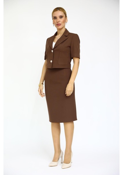 Kısa Kollu Yakasız Mini Ceket & Kalem Etek Takım-Kestane indirimleri