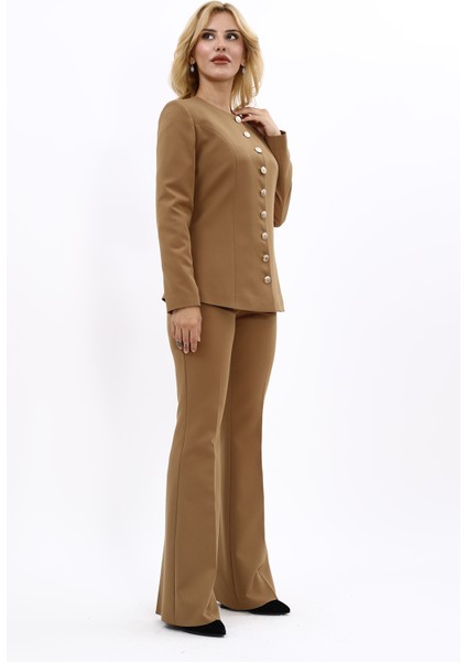 Sıfır Yaka Boydan Düğmeli Ceket & İspanyol Paça Pantolon-Camel modelleri