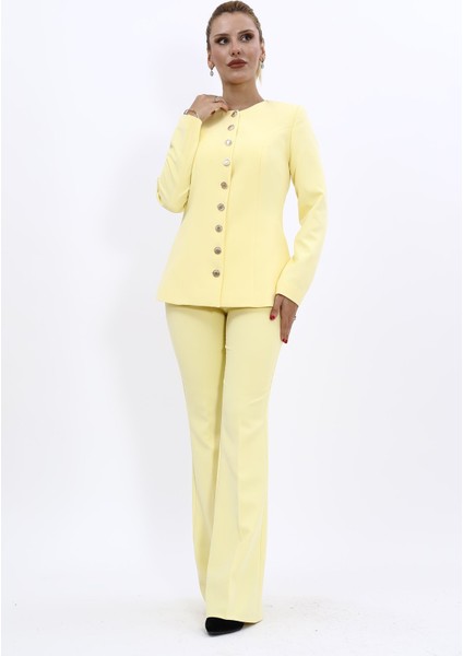 Sıfır Yaka Boydan Düğmeli Ceket & İspanyol Paça Pantolon-Sarı