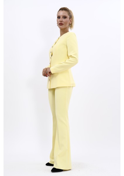 Sıfır Yaka Boydan Düğmeli Ceket & İspanyol Paça Pantolon-Sarı fiyatları