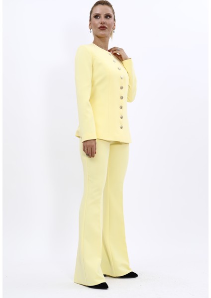 Sıfır Yaka Boydan Düğmeli Ceket & İspanyol Paça Pantolon-Sarı modelleri