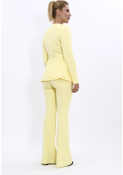 Sıfır Yaka Boydan Düğmeli Ceket & İspanyol Paça Pantolon-Sarı fırsatları