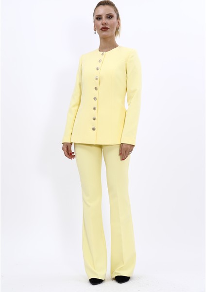 Sıfır Yaka Boydan Düğmeli Ceket & İspanyol Paça Pantolon-Sarı indirimleri