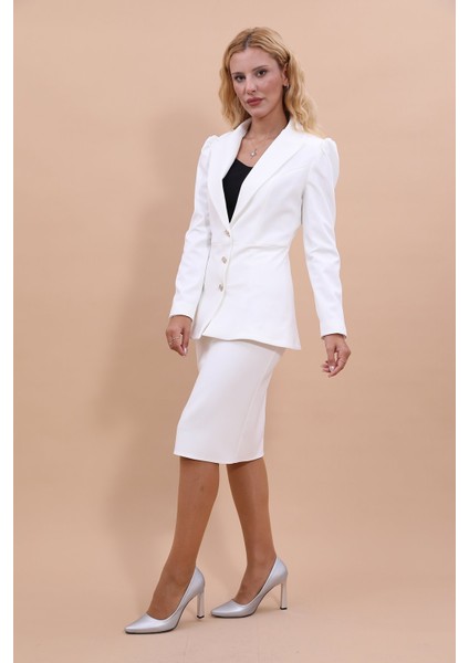 Erkek Yaka Kolu Büzgülü Ceket & Düz Dar Etek-Beyaz