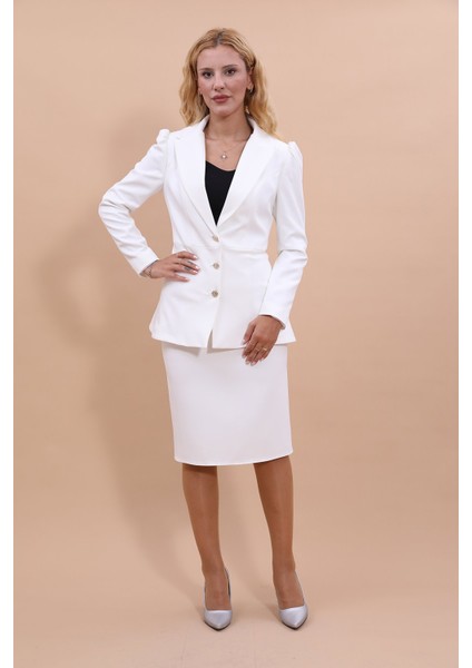 Erkek Yaka Kolu Büzgülü Ceket & Düz Dar Etek-Beyaz fiyatları