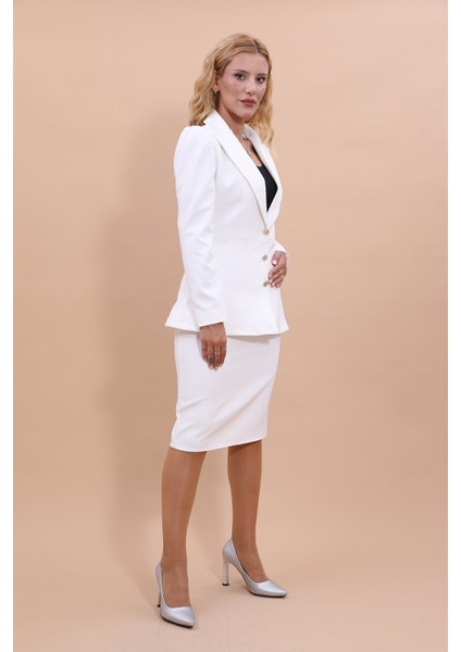 Erkek Yaka Kolu Büzgülü Ceket & Düz Dar Etek-Beyaz modelleri