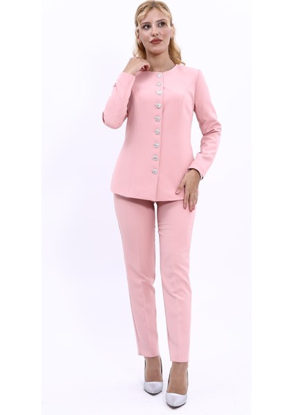 Sıfır Yaka Boydan Düğmeli Ceket & Dar Paça Pantolon-Pudra