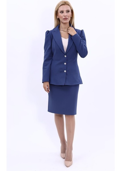 Erkek Yaka Kolu Büzgülü Ceket & Düz Dar Etek-İndigo